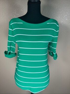 Talbots Green and White Striped Boatneck Short Sleeve Top Medium